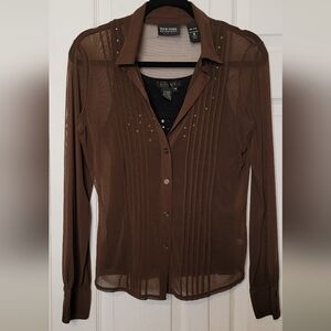 #508 New York & Company Brown Sheer Button-Down Shirt